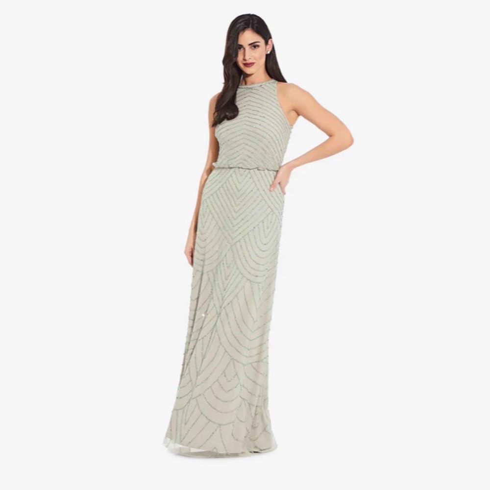 NWT Adrianna Papell Art Deco Beaded Blouson Dress W/ Halter Neckline in “Mint”